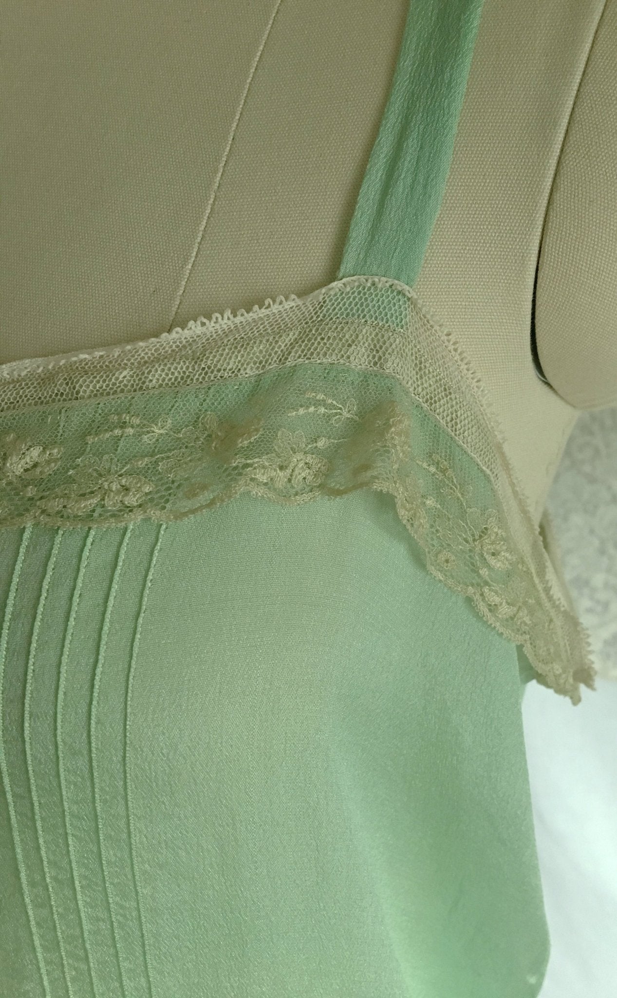 Vintage 1920's Step In Chemise | Sheer Mint Green Silk with Tulle Lace & Rosette | Size S, M - Daggers & Dames