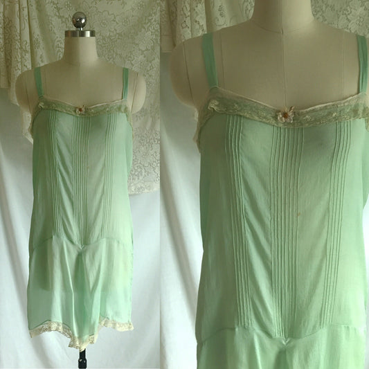 Vintage 1920's Step In Chemise | Sheer Mint Green Silk with Tulle Lace & Rosette | Size S, M - Daggers & Dames