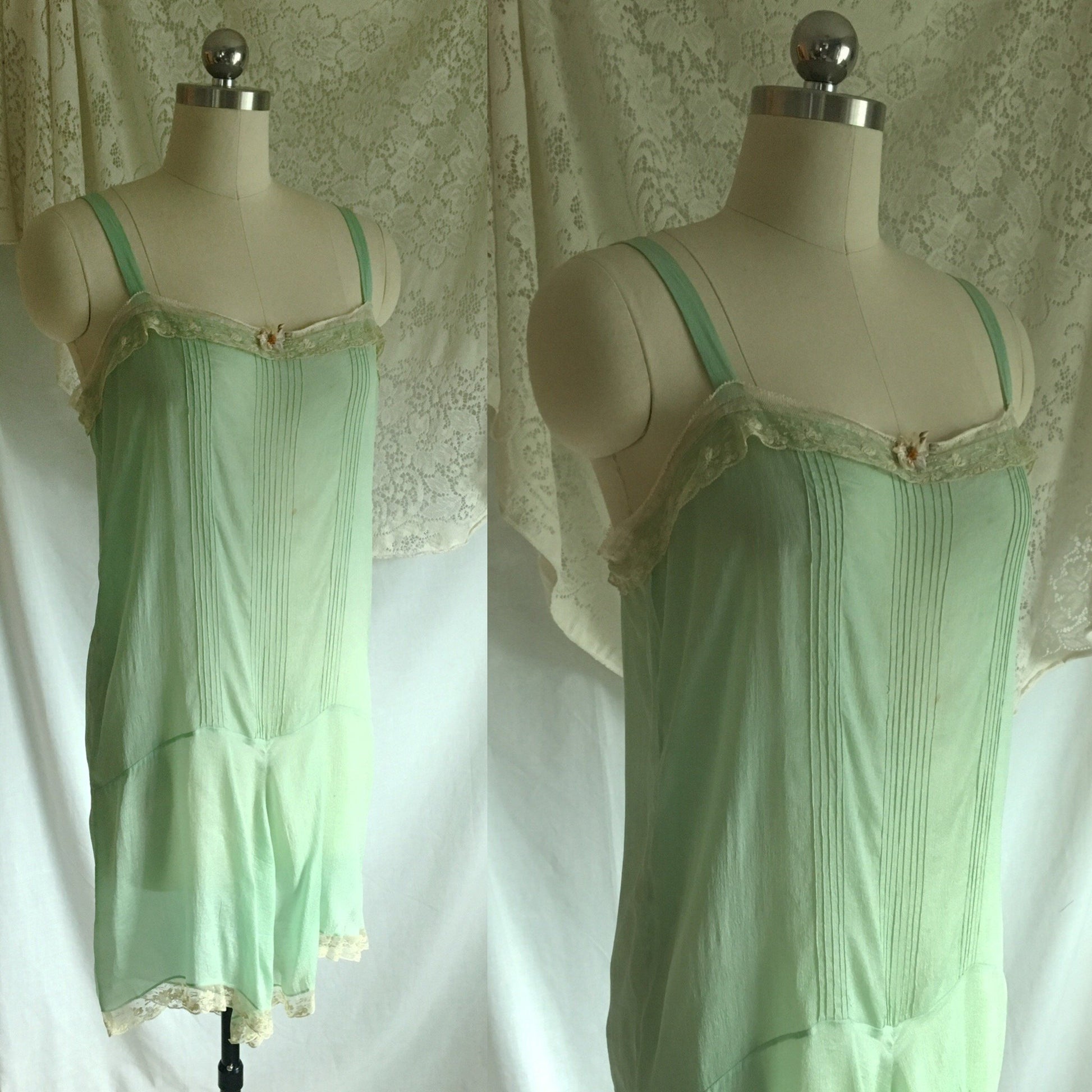Vintage 1920's Step In Chemise | Sheer Mint Green Silk with Tulle Lace & Rosette | Size S, M - Daggers & Dames