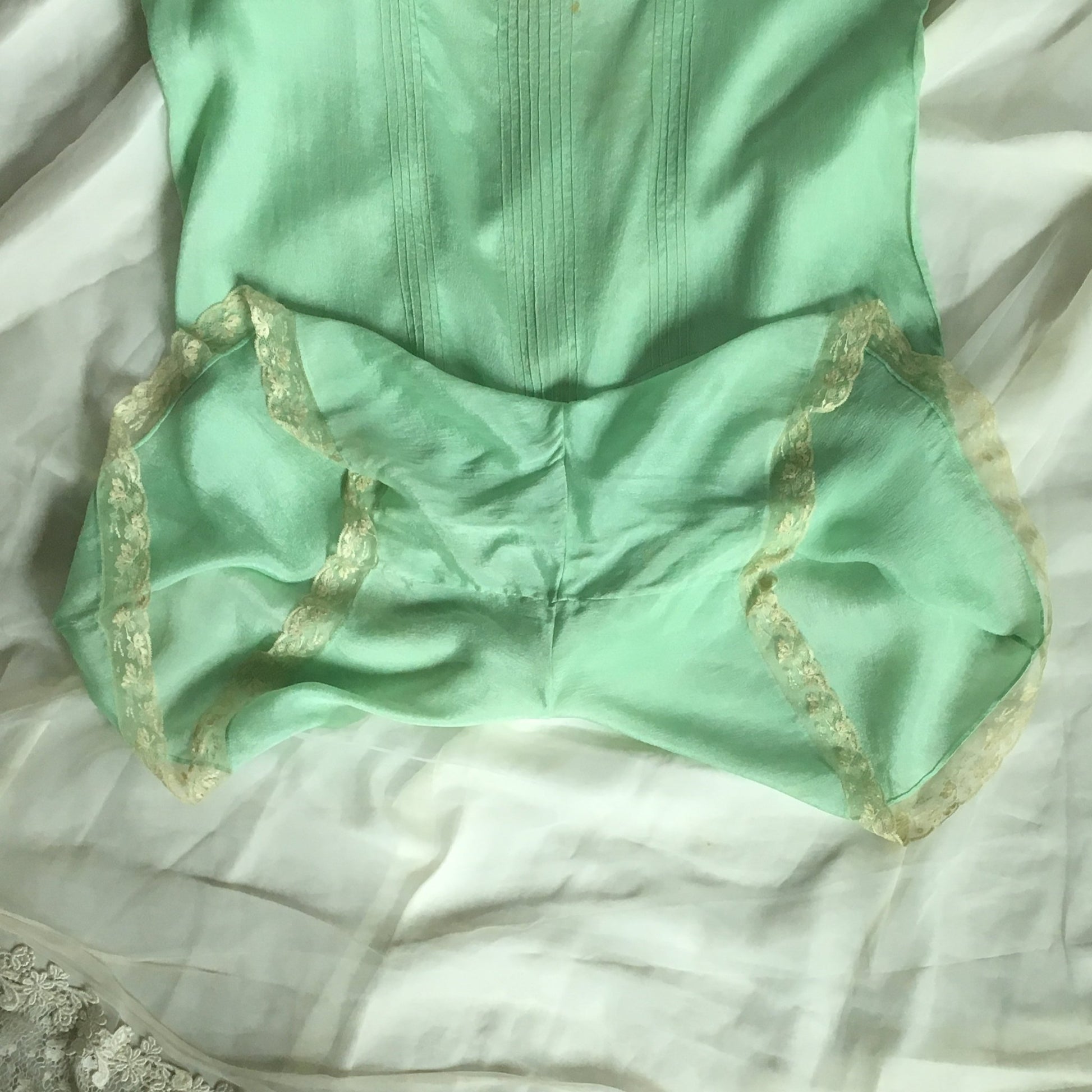 Vintage 1920's Step In Chemise | Sheer Mint Green Silk with Tulle Lace & Rosette | Size S, M - Daggers & Dames