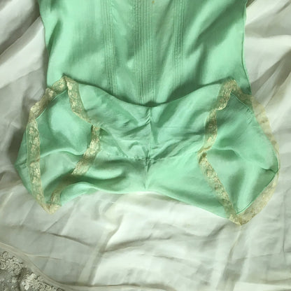 Vintage 1920's Step In Chemise | Sheer Mint Green Silk with Tulle Lace & Rosette | Size S, M - Daggers & Dames