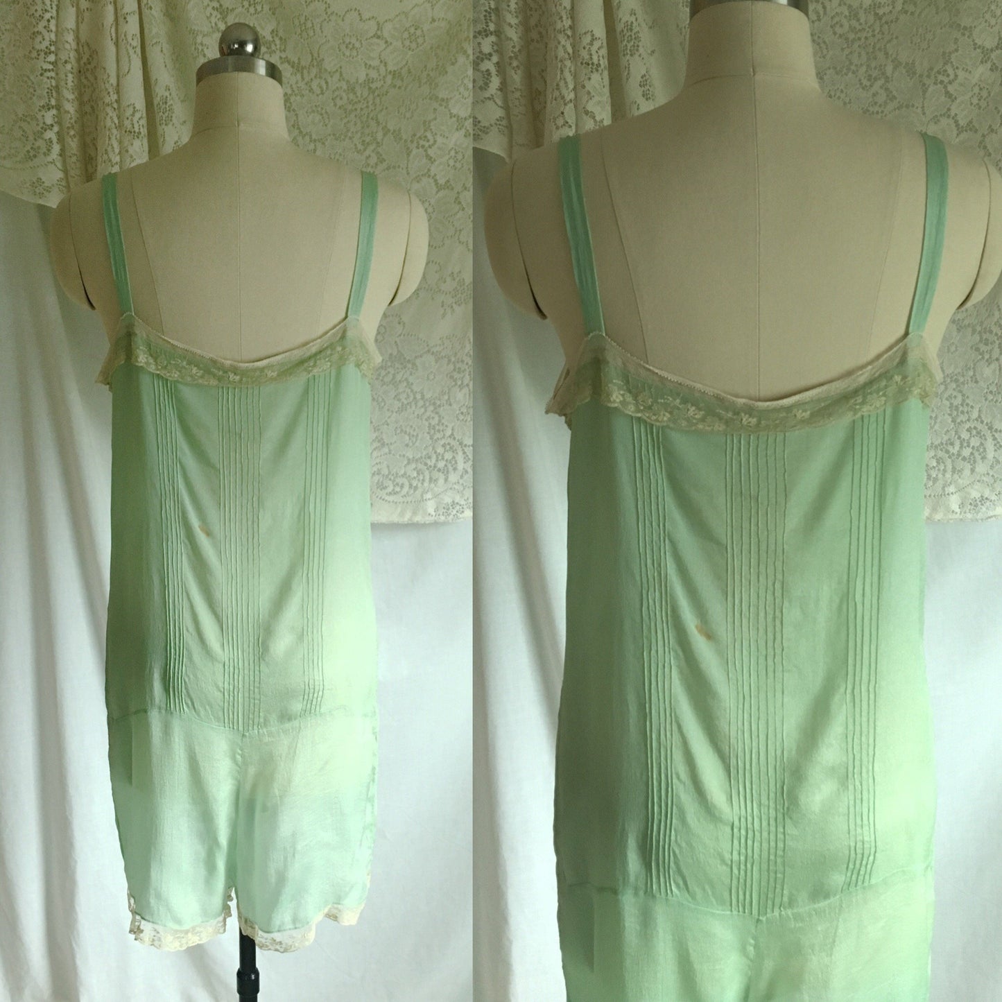 Vintage 1920's Step In Chemise | Sheer Mint Green Silk with Tulle Lace & Rosette | Size S, M - Daggers & Dames