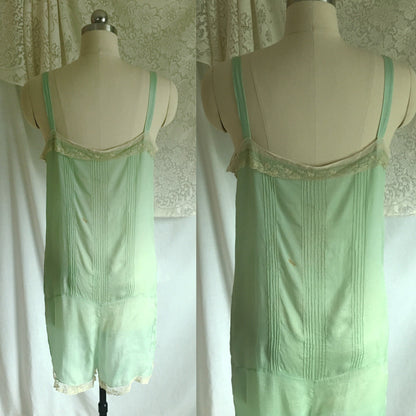 Vintage 1920's Step In Chemise | Sheer Mint Green Silk with Tulle Lace & Rosette | Size S, M - Daggers & Dames