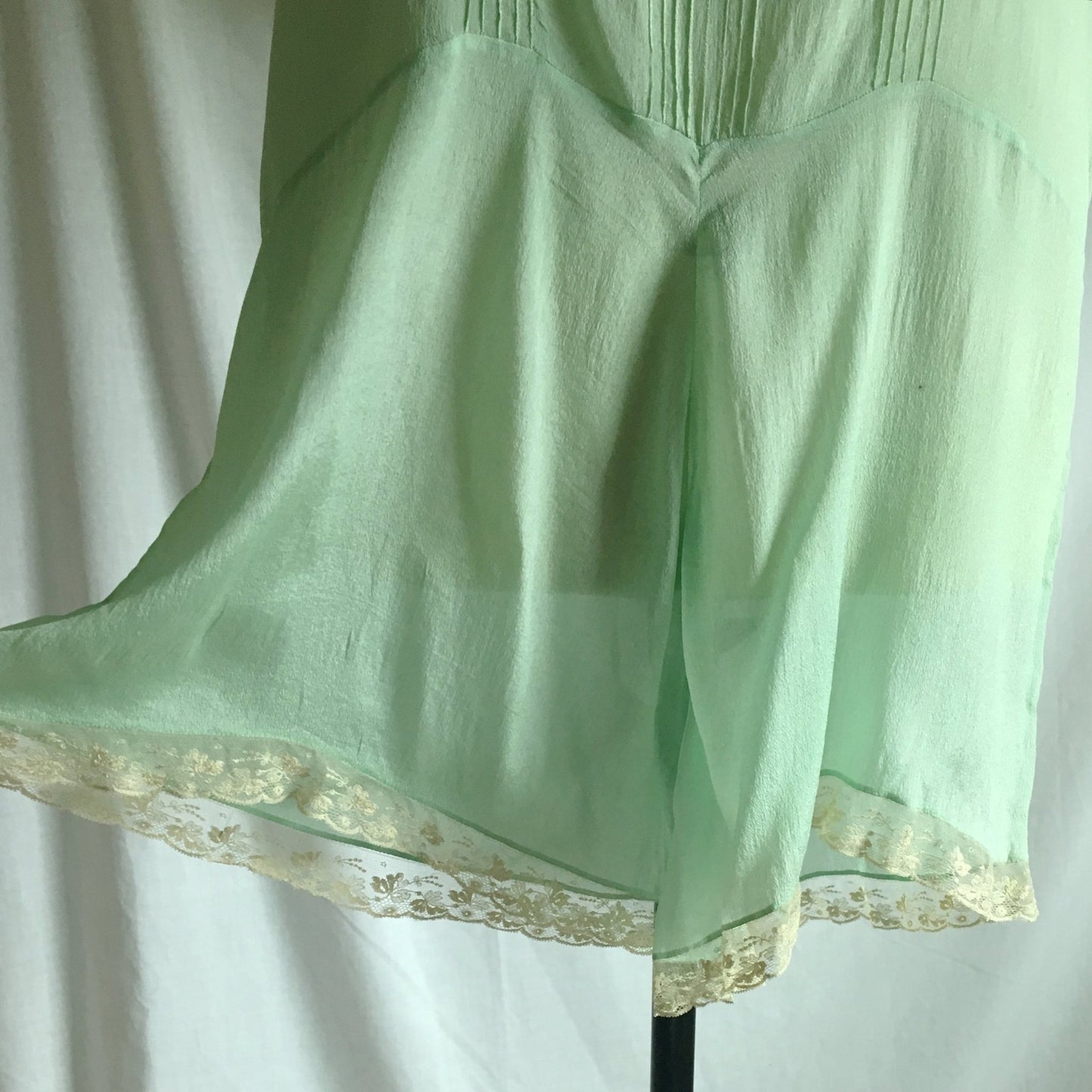 Vintage 1920's Step In Chemise | Sheer Mint Green Silk with Tulle Lace & Rosette | Size S, M - Daggers & Dames