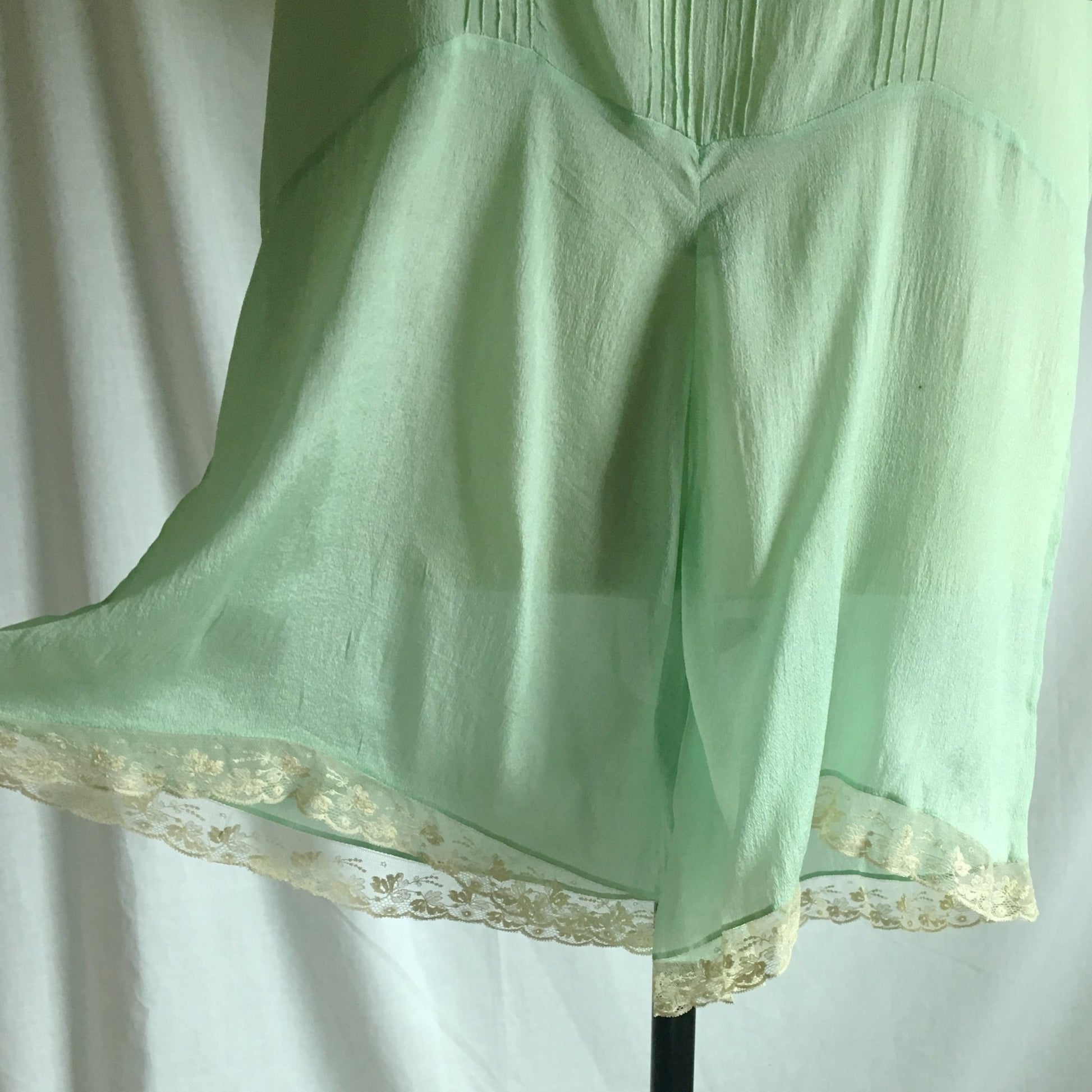 Vintage 1920's Step In Chemise | Sheer Mint Green Silk with Tulle Lace & Rosette | Size S, M - Daggers & Dames