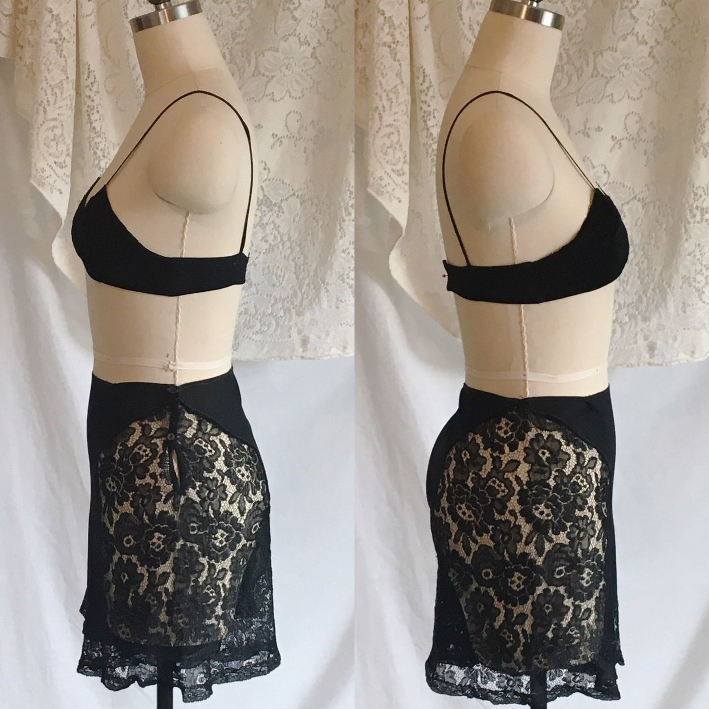 Vintage 1920's Tap Pants & Bralette | Black Silk Crepe with Chantilly Lace | French Bra and Panty Lingerie Set | Size XXS - Daggers & Dames
