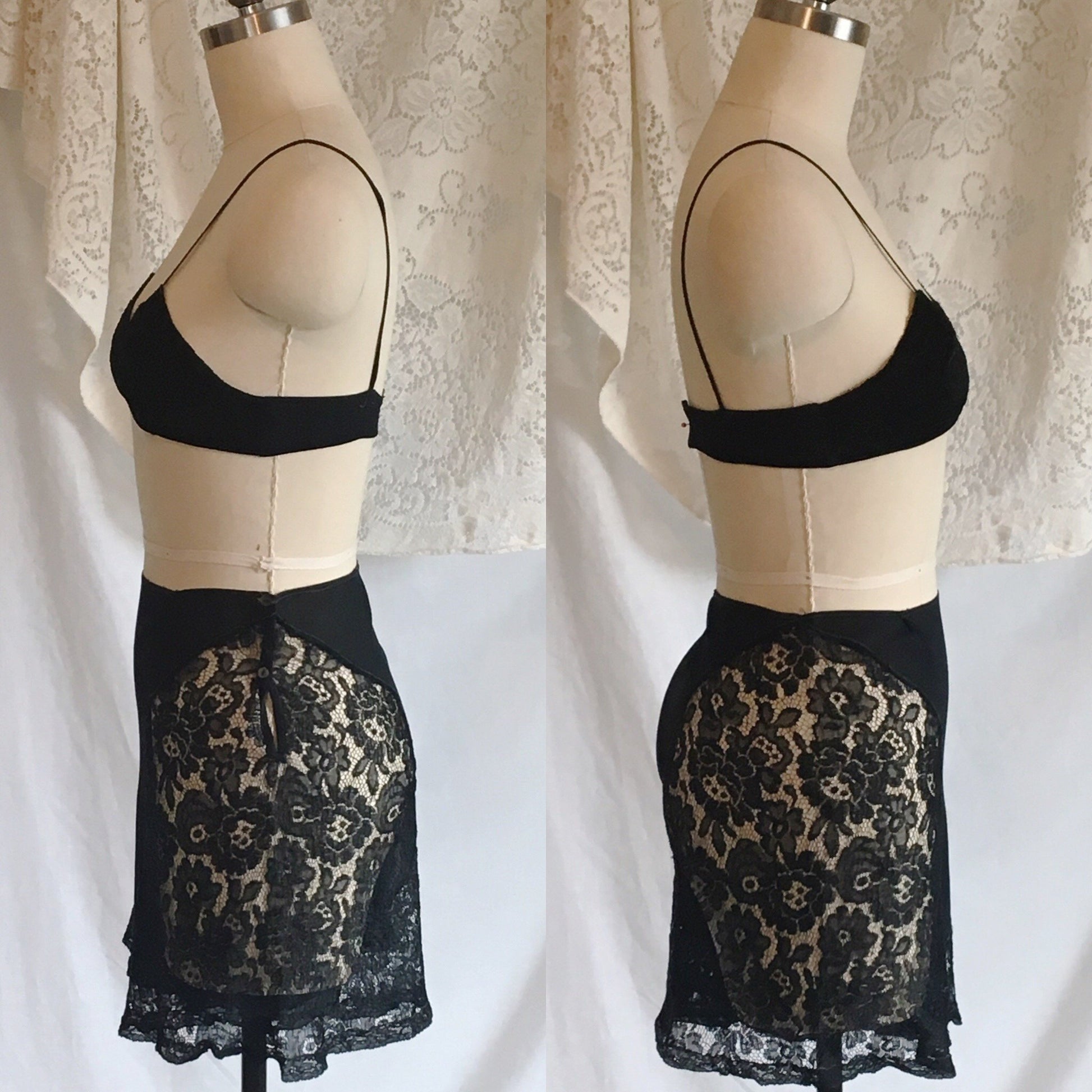Vintage 1920's Tap Pants & Bralette | Black Silk Crepe with Chantilly Lace | French Bra and Panty Lingerie Set | Size XXS - Daggers & Dames