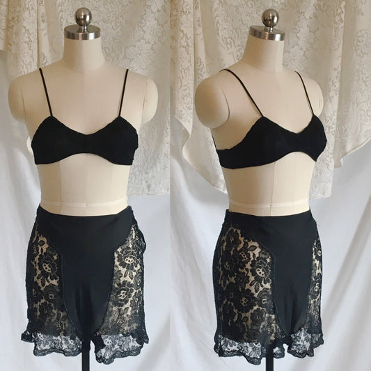 Vintage 1920's Tap Pants & Bralette | Black Silk Crepe with Chantilly Lace | French Bra and Panty Lingerie Set | Size XXS - Daggers & Dames