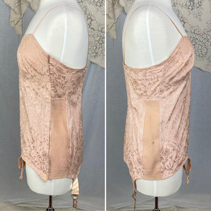 Vintage 1930's All in One Girdle | Blush Pink Satin Floral Damask with Trolley Garters | Size 42, XL | Divine Form -New Old Stock - Daggers & Dames