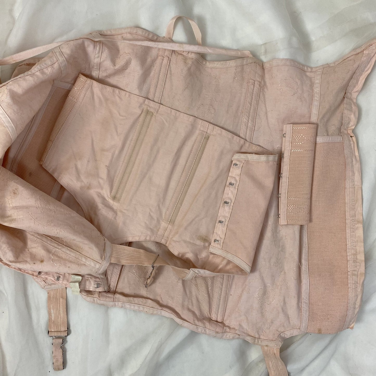 Vintage 1930's All in One Girdle | Blush Pink Satin Floral Damask with Trolley Garters | Size 42, XL | Divine Form -New Old Stock - Daggers & Dames