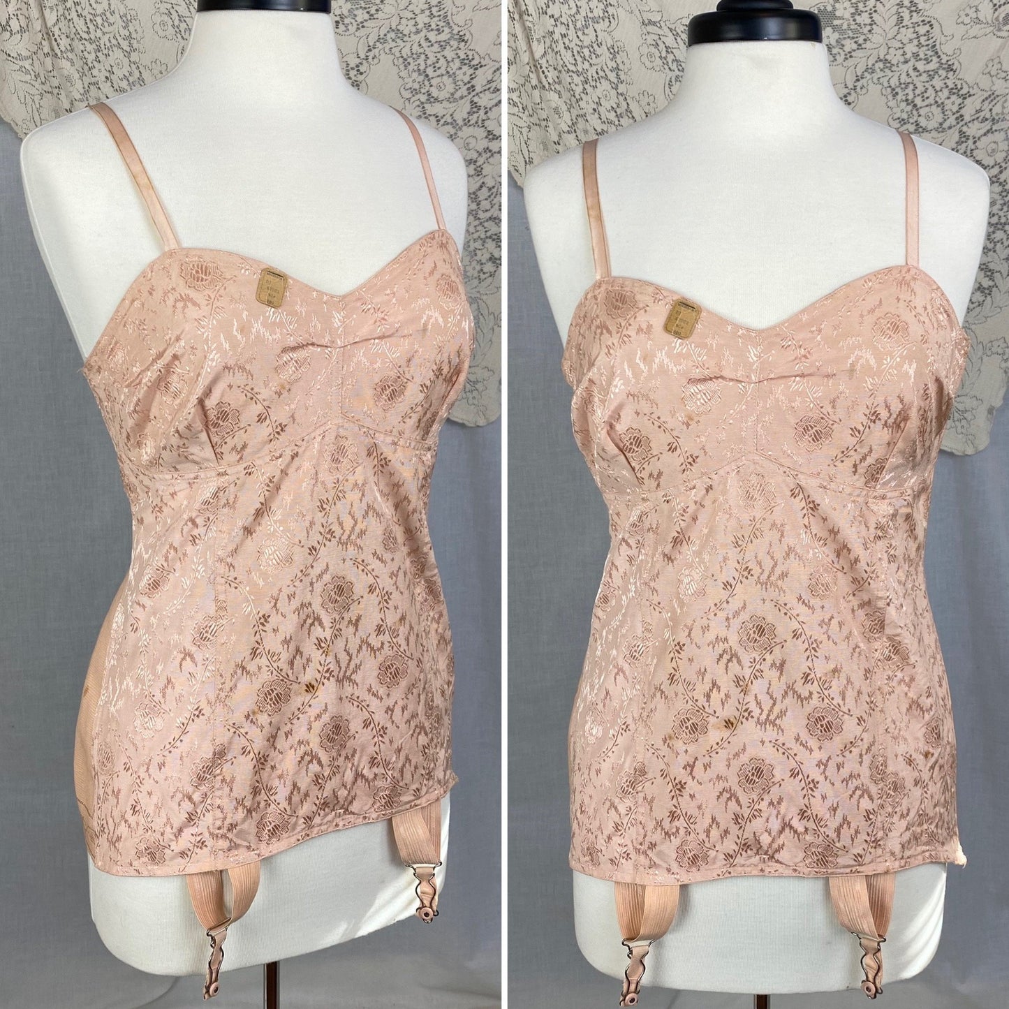Vintage 1930's All in One Girdle | Blush Pink Satin Floral Damask with Trolley Garters | Size 42, XL | Divine Form -New Old Stock - Daggers & Dames
