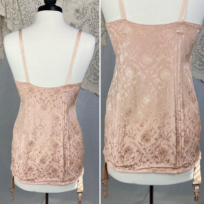 Vintage 1930's All in One Girdle | Blush Pink Satin Floral Damask with Trolley Garters | Size 42, XL | Divine Form -New Old Stock - Daggers & Dames