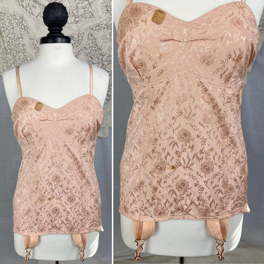 Vintage 1930's All in One Girdle | Blush Pink Satin Floral Damask with Trolley Garters | Size 42, XL | Divine Form -New Old Stock - Daggers & Dames