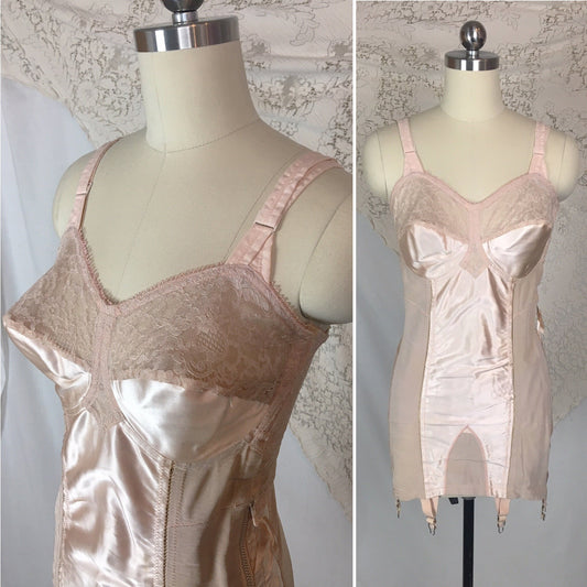 Vintage 1930's All in One Girdle | Nude Rose Satin with Blush Lace & 6 Garters | Rite Form | Size 38 C, LG, XL - Daggers & Dames