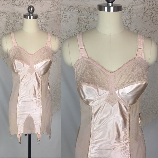 Vintage 1930's All in One Girdle | Nude Rose Satin with Blush Lace & 6 Garters | Rite Form | Size 38 C, LG, XL - Daggers & Dames
