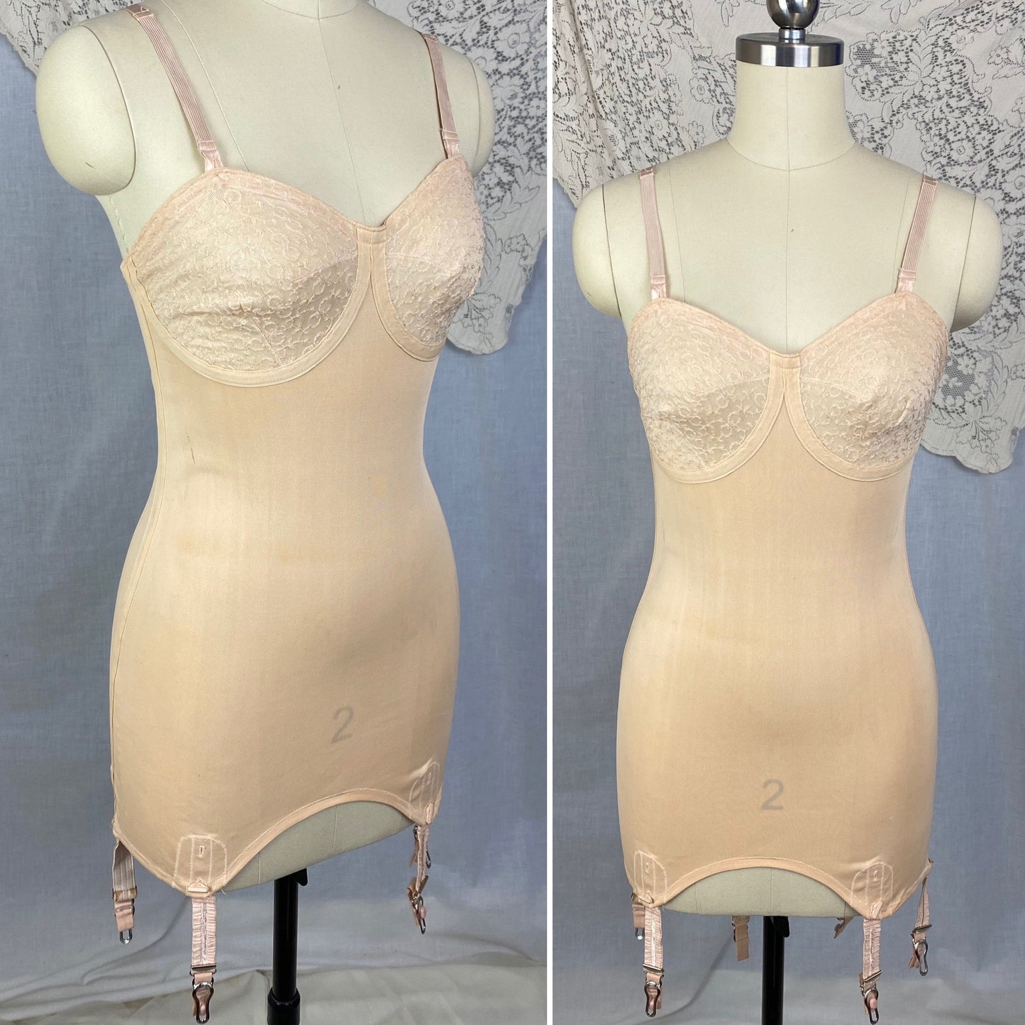 Vintage 1930's All in One Girdle | Rosey Nude Rayon Knit with Lace & Detachable Garters | Size 34 XS, S | Carter's - Daggers & Dames