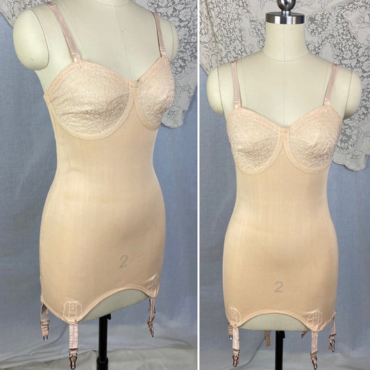 Vintage 1930's All in One Girdle | Rosey Nude Rayon Knit with Lace & Detachable Garters | Size 34 XS, S | Carter's - Daggers & Dames