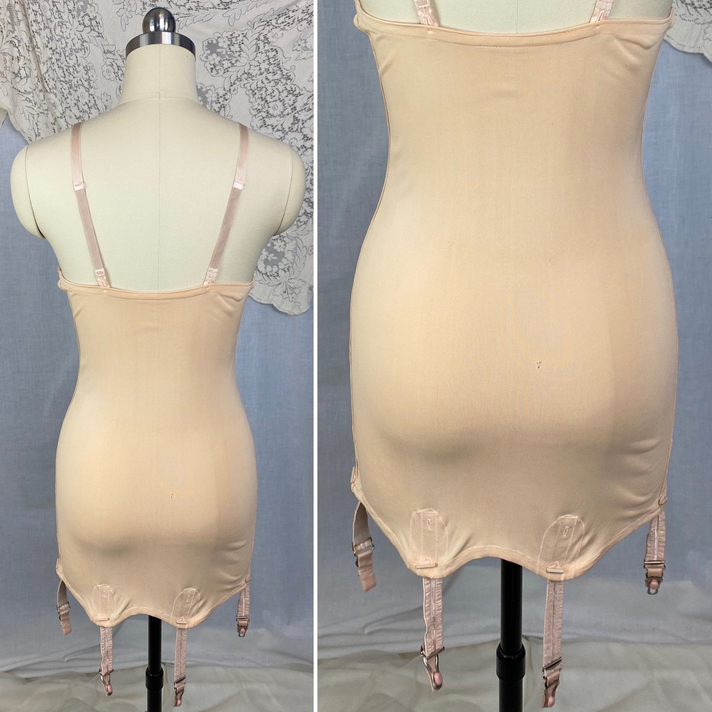 Vintage 1930's All in One Girdle | Rosey Nude Rayon Knit with Lace & Detachable Garters | Size 34 XS, S | Carter's - Daggers & Dames