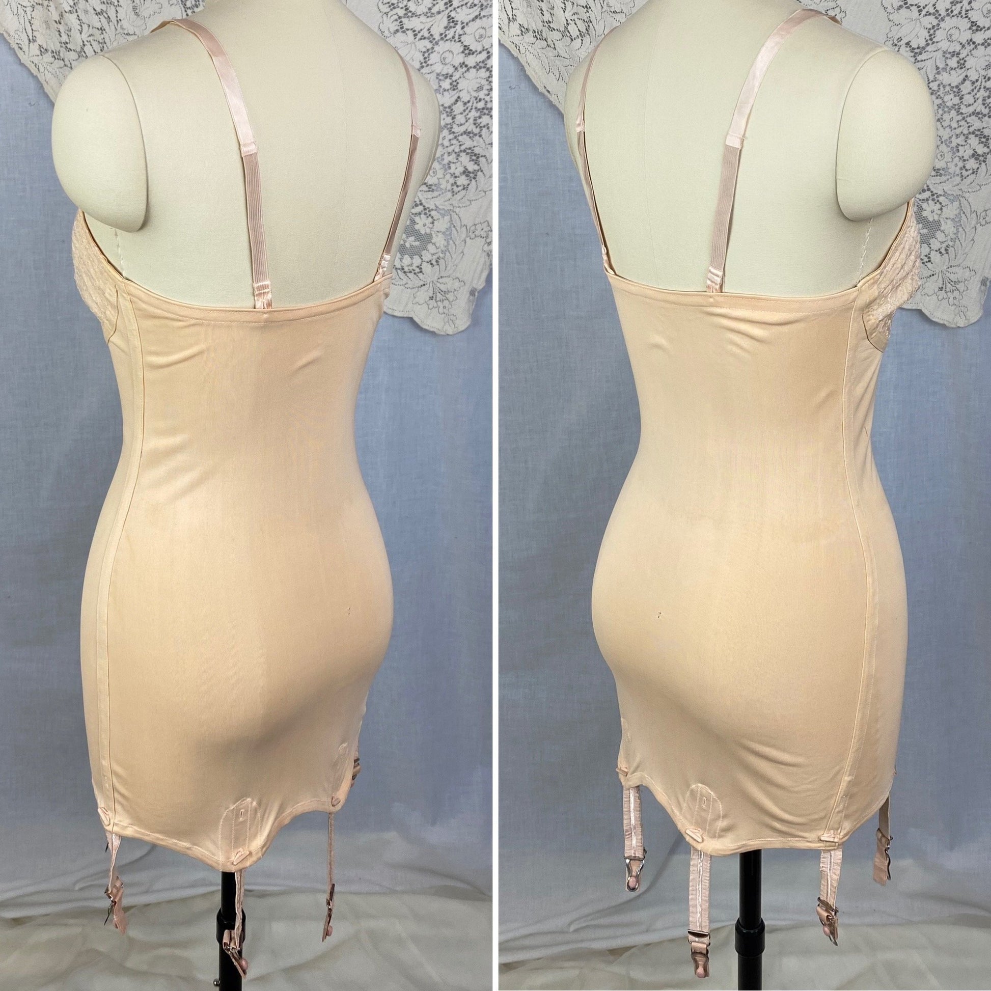 Vintage 1930's All in One Girdle | Rosey Nude Rayon Knit with Lace & Detachable Garters | Size 34 XS, S | Carter's - Daggers & Dames