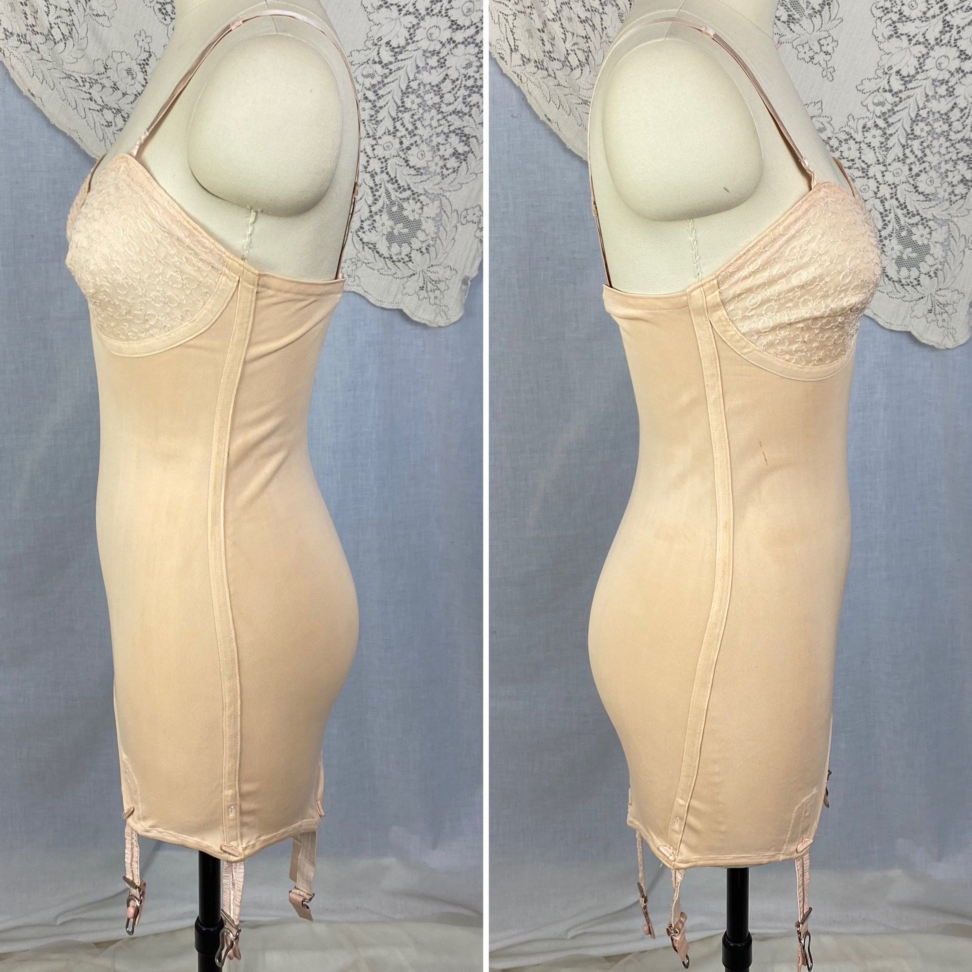 Vintage 1930's All in One Girdle | Rosey Nude Rayon Knit with Lace & Detachable Garters | Size 34 XS, S | Carter's - Daggers & Dames