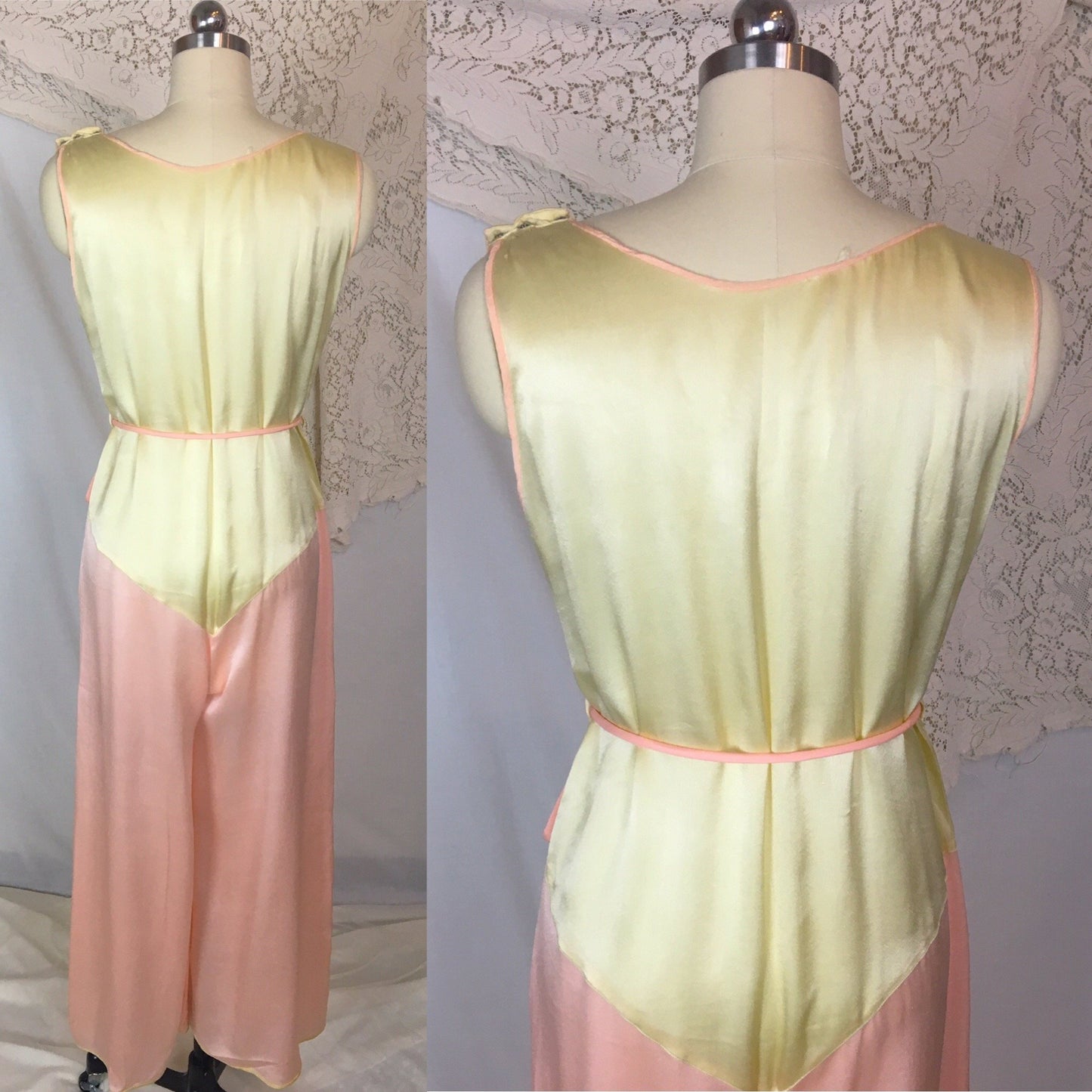 Vintage 1930's Beach Pajama Jumpsuit | Pale Yellow & Light Pink Silk | Size M - Daggers & Dames