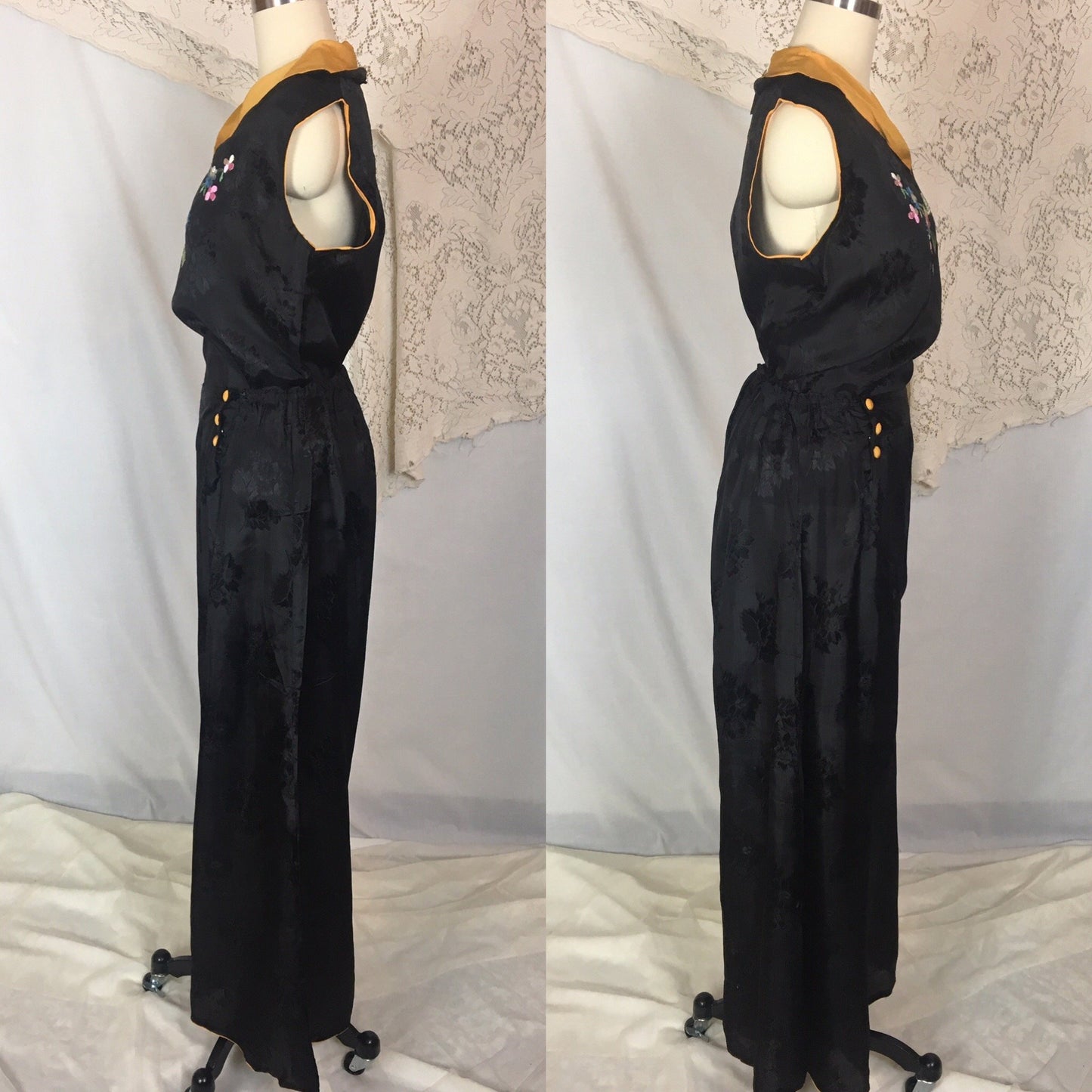 Vintage 1930's Beach Pajama Set | Black Rayon Satin Damask with Floral Embroidery | Made in Japan | Size M, LG, XL - Daggers & Dames