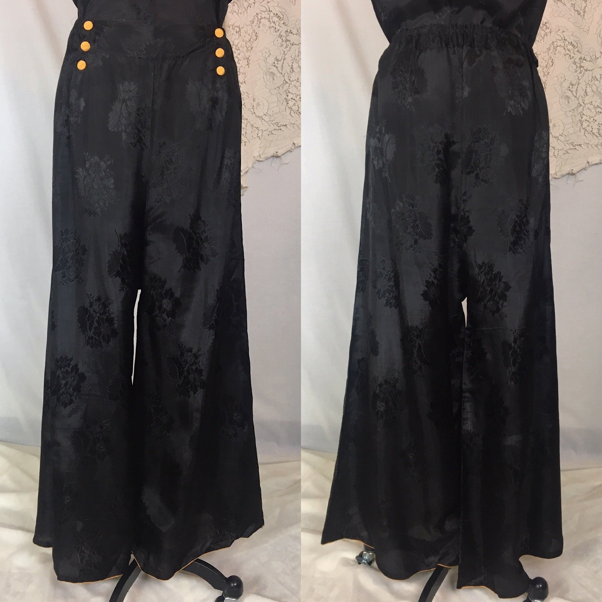 Vintage 1930's Beach Pajama Set | Black Rayon Satin Damask with Floral Embroidery | Made in Japan | Size M, LG, XL - Daggers & Dames