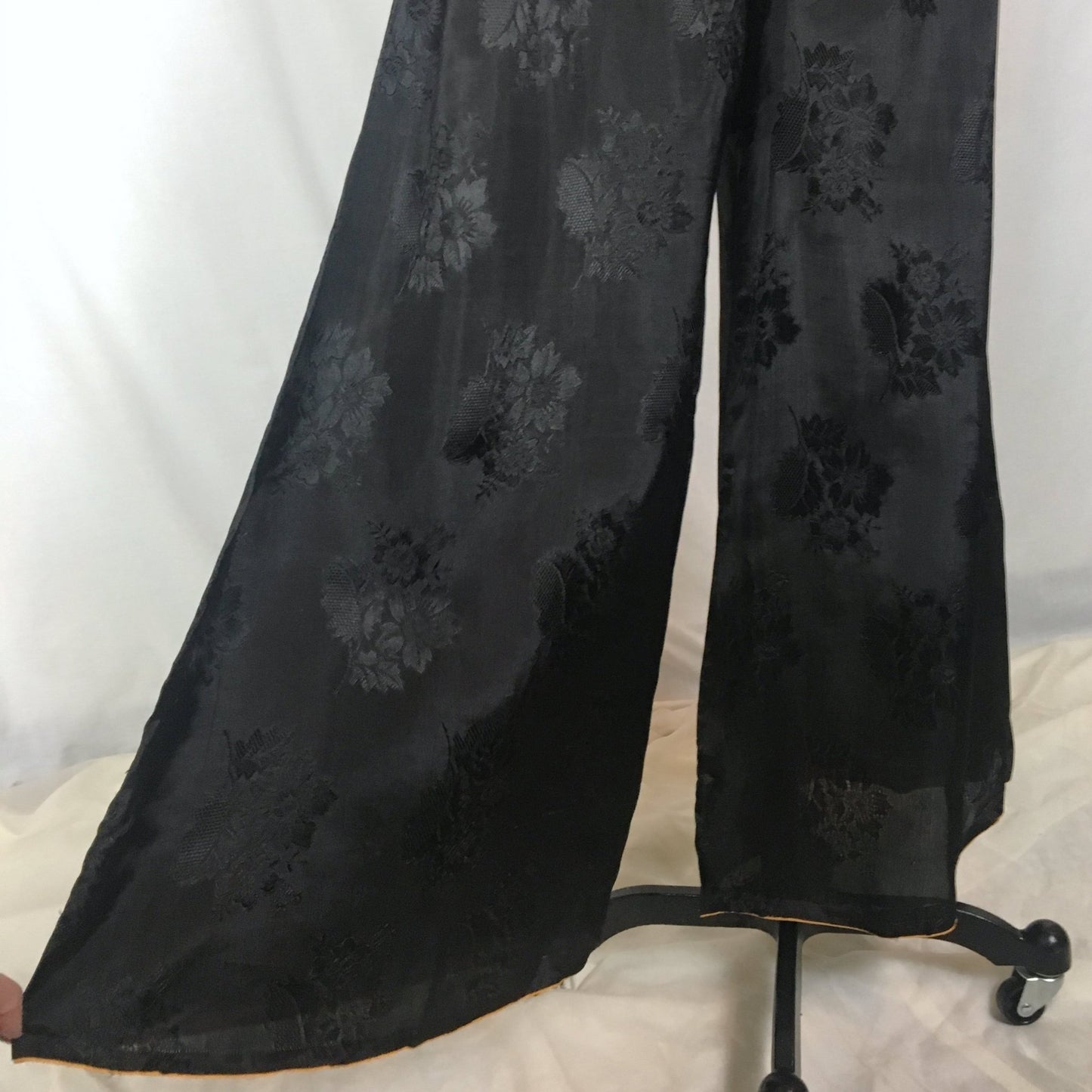 Vintage 1930's Beach Pajama Set | Black Rayon Satin Damask with Floral Embroidery | Made in Japan | Size M, LG, XL - Daggers & Dames