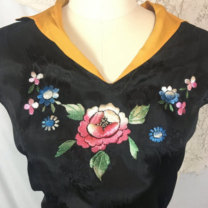 Vintage 1930's Beach Pajama Set | Black Rayon Satin Damask with Floral Embroidery | Made in Japan | Size M, LG, XL - Daggers & Dames