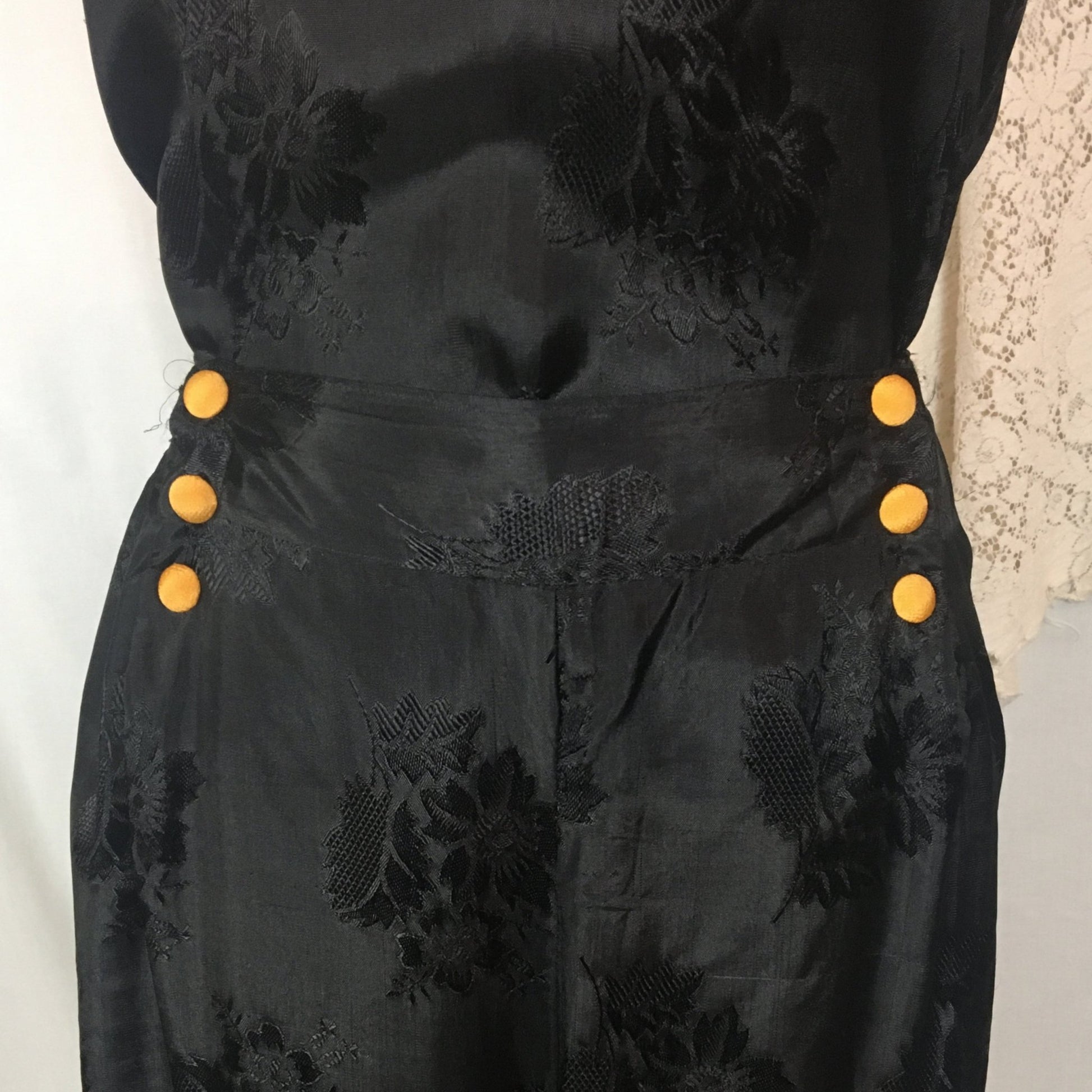 Vintage 1930's Beach Pajama Set | Black Rayon Satin Damask with Floral Embroidery | Made in Japan | Size M, LG, XL - Daggers & Dames