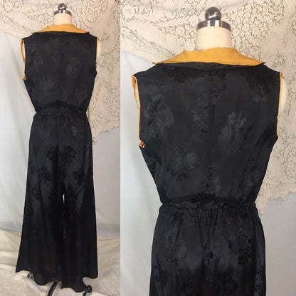 Vintage 1930's Beach Pajama Set | Black Rayon Satin Damask with Floral Embroidery | Made in Japan | Size M, LG, XL - Daggers & Dames