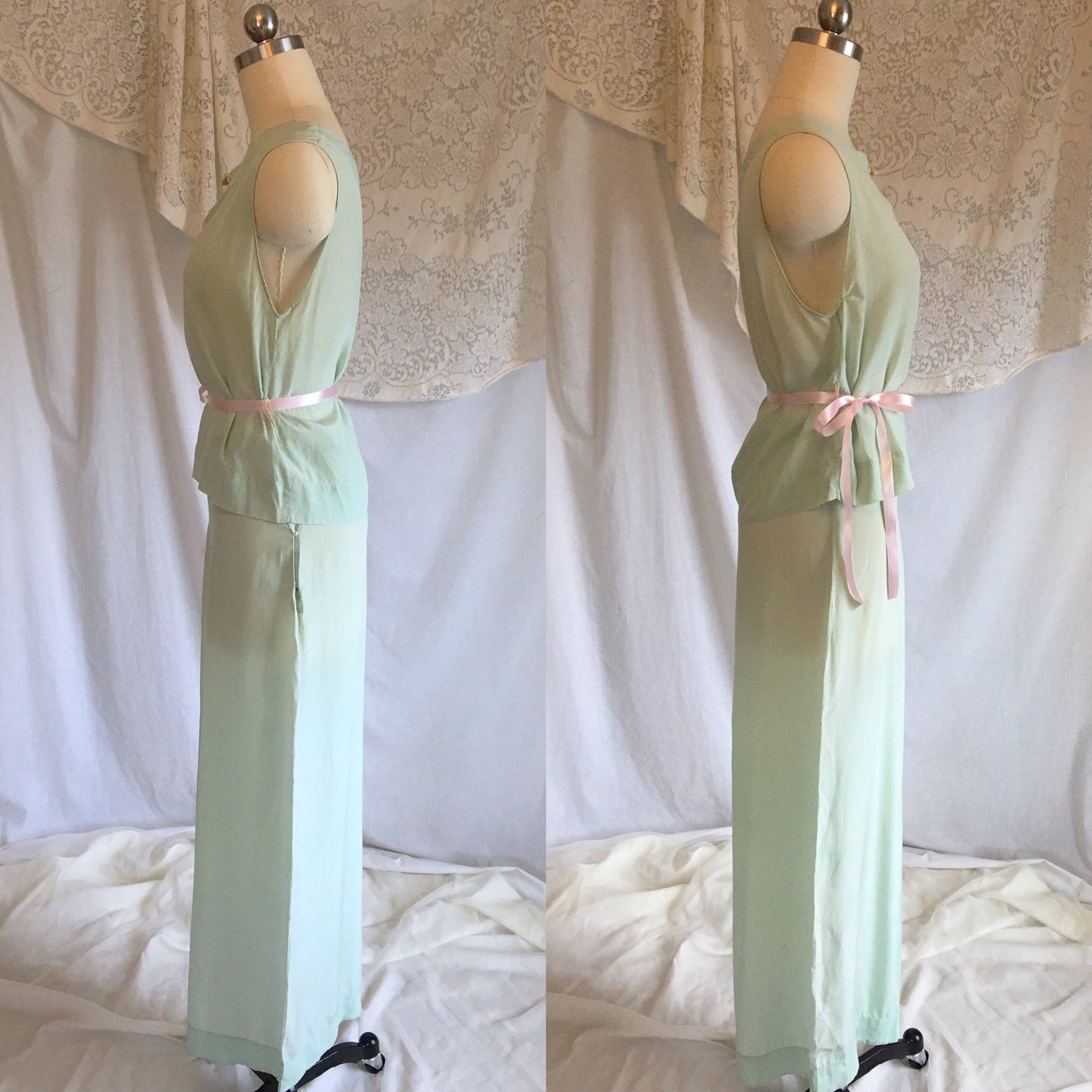 Vintage 1930's Beach Pajama Set | Mint Green Silk Crepe de Chine with Silk Rosette | Size XS - Daggers & Dames