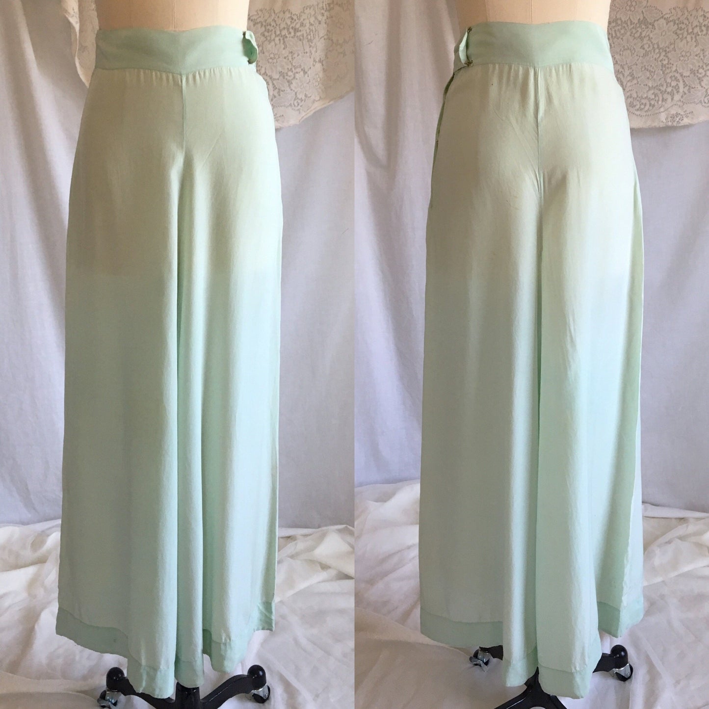 Vintage 1930's Beach Pajama Set | Mint Green Silk Crepe de Chine with Silk Rosette | Size XS - Daggers & Dames