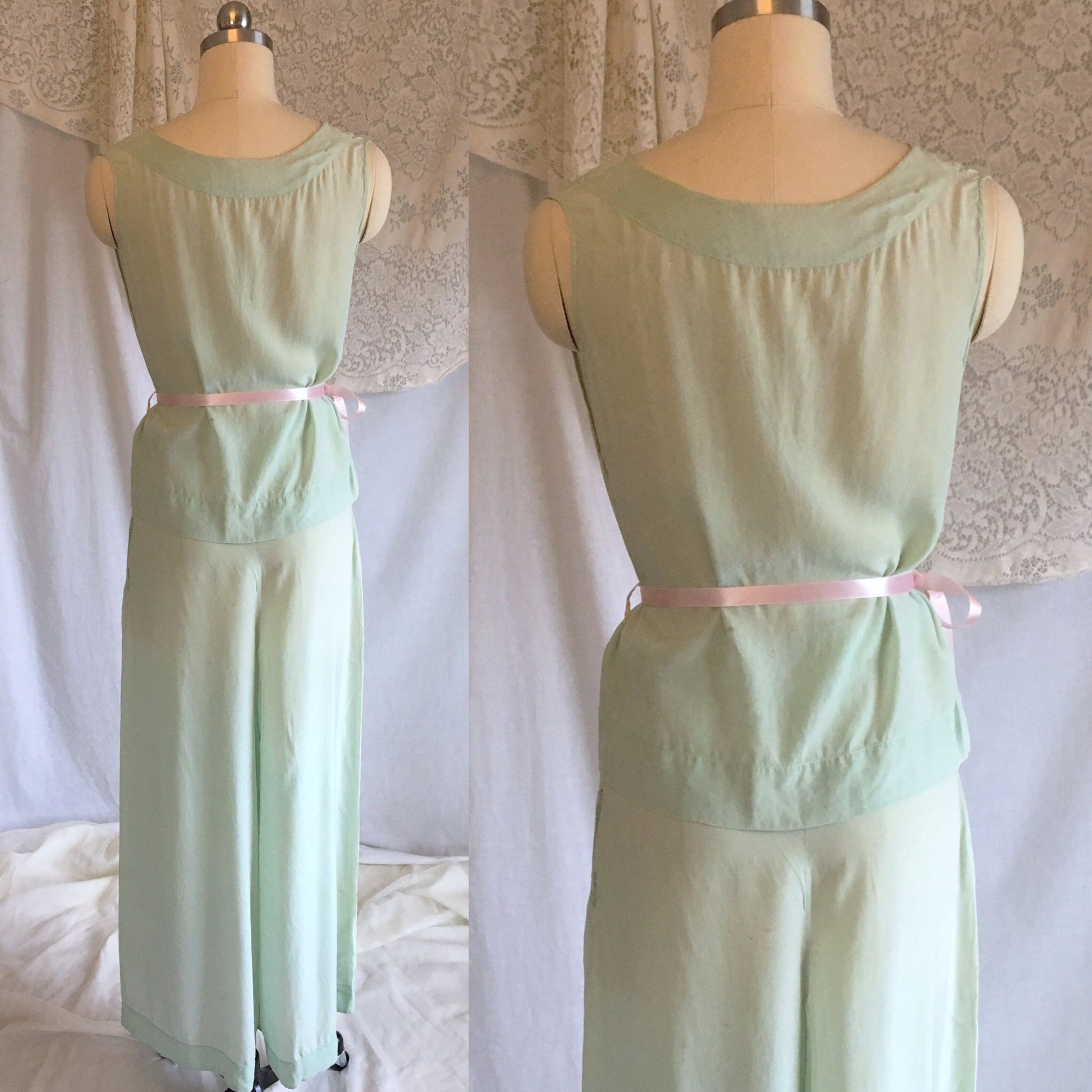 Vintage 1930's Beach Pajama Set | Mint Green Silk Crepe de Chine with Silk Rosette | Size XS - Daggers & Dames