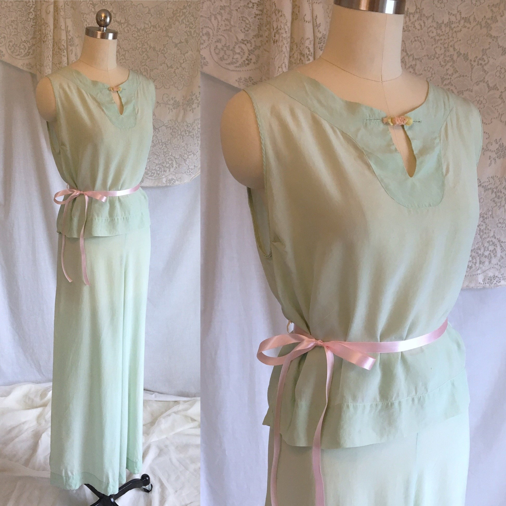Vintage 1930's Beach Pajama Set | Mint Green Silk Crepe de Chine with Silk Rosette | Size XS - Daggers & Dames