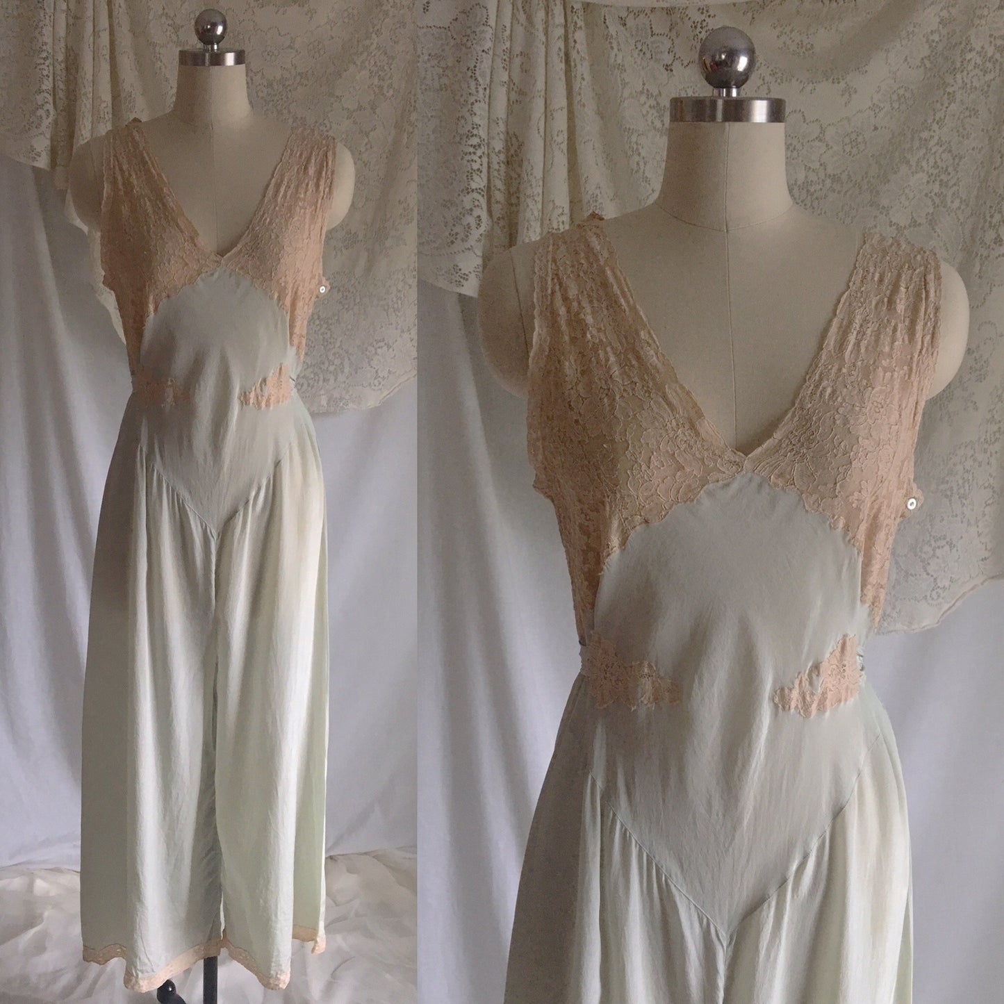 Vintage 1930's Beach Pajama Set | Pale Mint Green Silk & Ecru Lace Jumpsuit with Bed Jacket | Size S - Daggers & Dames