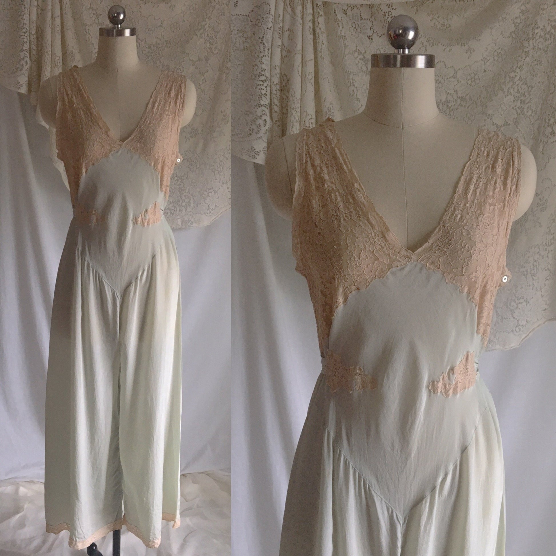 Vintage 1930's Beach Pajama Set | Pale Mint Green Silk & Ecru Lace Jumpsuit with Bed Jacket | Size S - Daggers & Dames