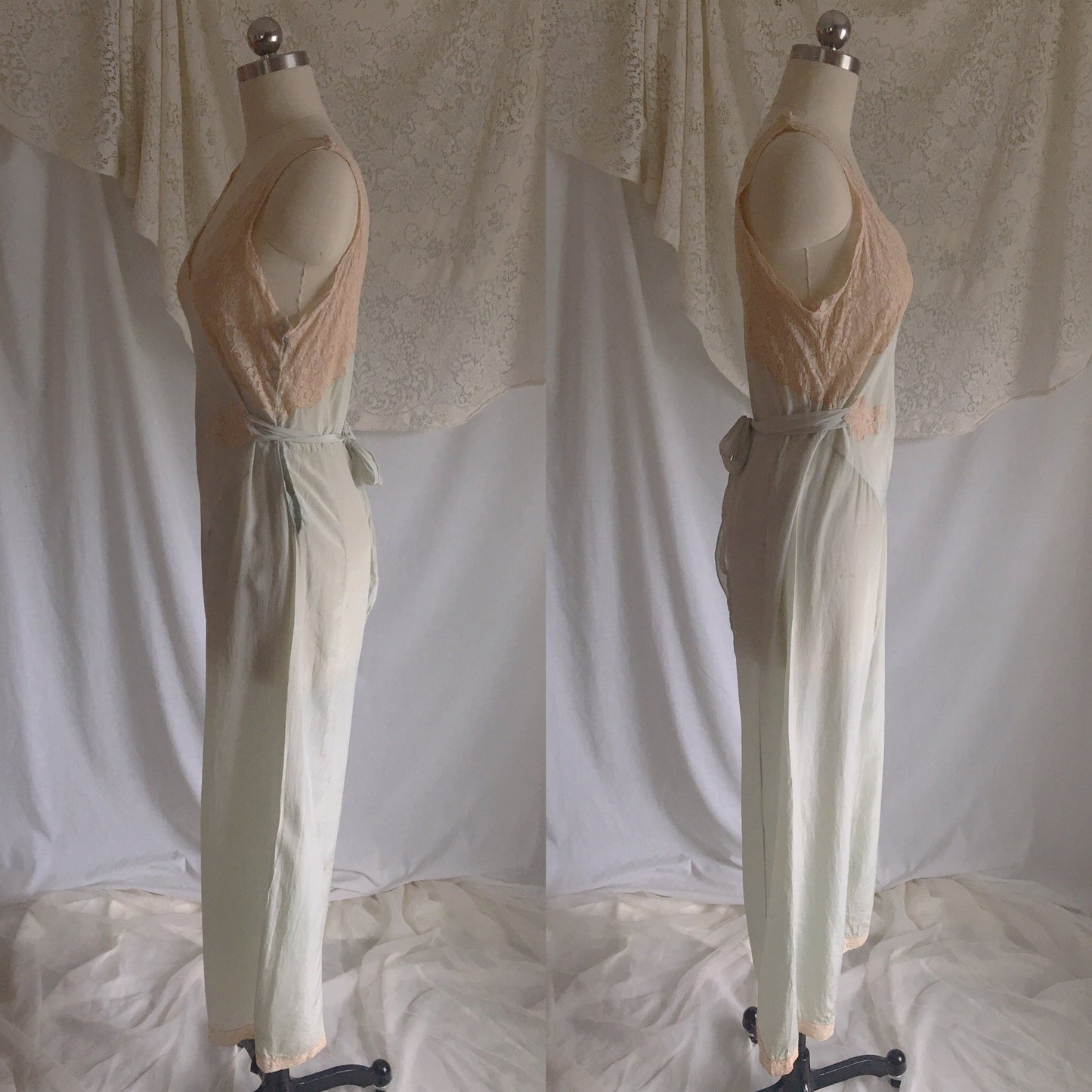 Vintage 1930's Beach Pajama Set | Pale Mint Green Silk & Ecru Lace Jumpsuit with Bed Jacket | Size S - Daggers & Dames