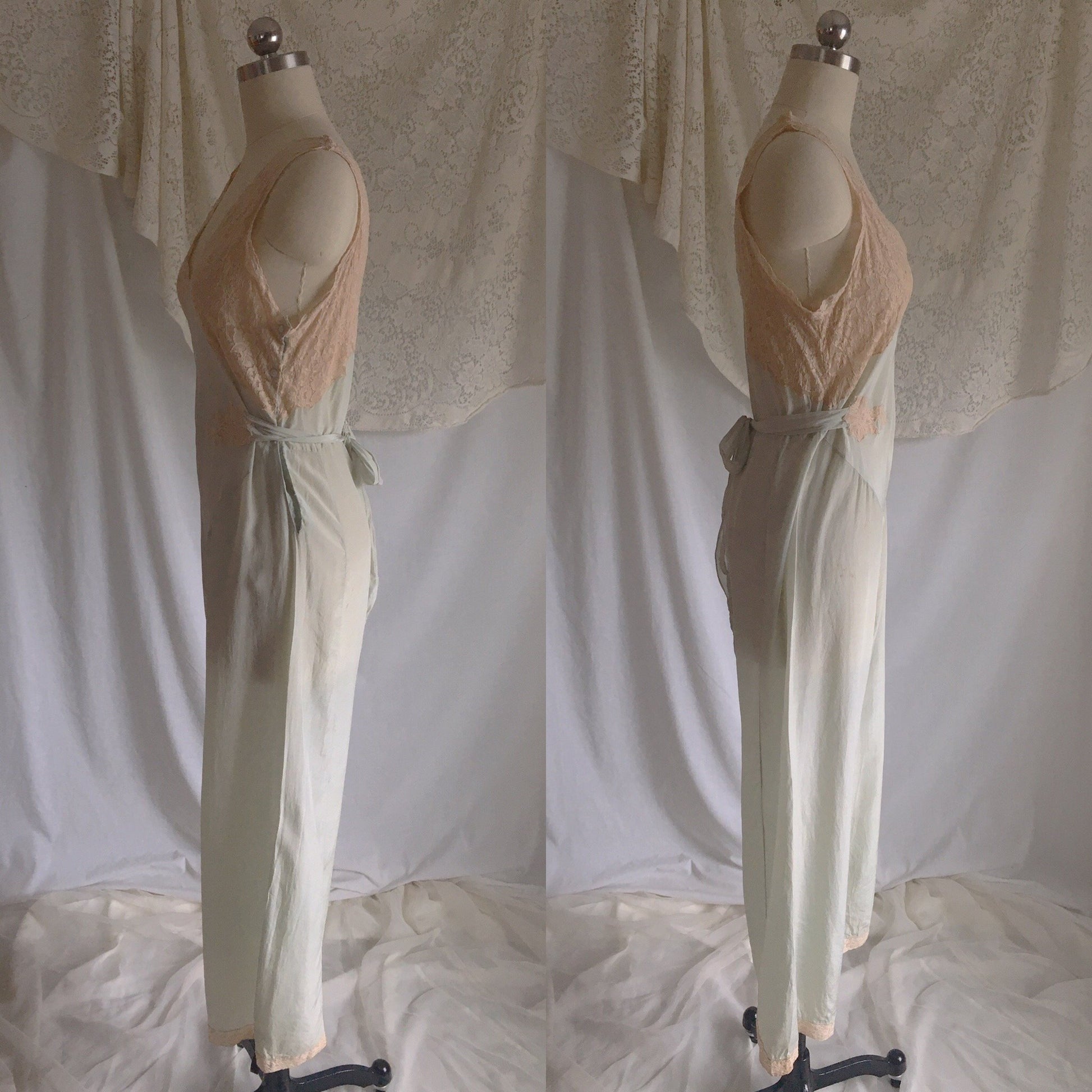 Vintage 1930's Beach Pajama Set | Pale Mint Green Silk & Ecru Lace Jumpsuit with Bed Jacket | Size S - Daggers & Dames
