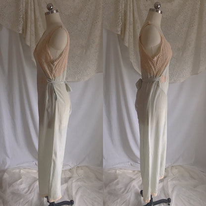 Vintage 1930's Beach Pajama Set | Pale Mint Green Silk & Ecru Lace Jumpsuit with Bed Jacket | Size S - Daggers & Dames