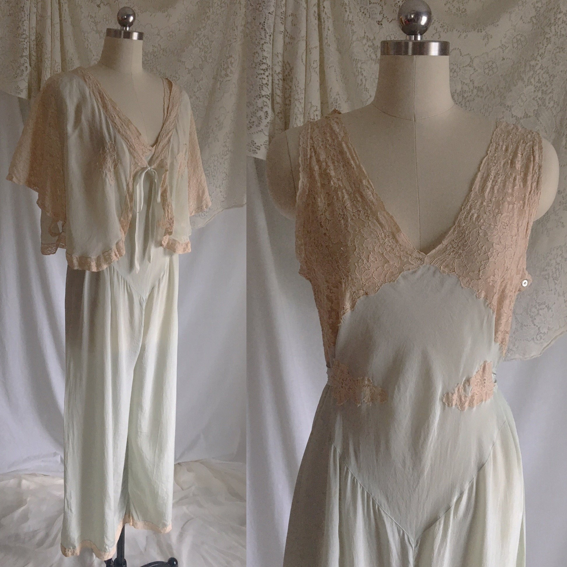 Vintage 1930's Beach Pajama Set | Pale Mint Green Silk & Ecru Lace Jumpsuit with Bed Jacket | Size S - Daggers & Dames
