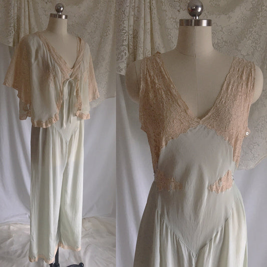 Vintage 1930's Beach Pajama Set | Pale Mint Green Silk & Ecru Lace Jumpsuit with Bed Jacket | Size S - Daggers & Dames