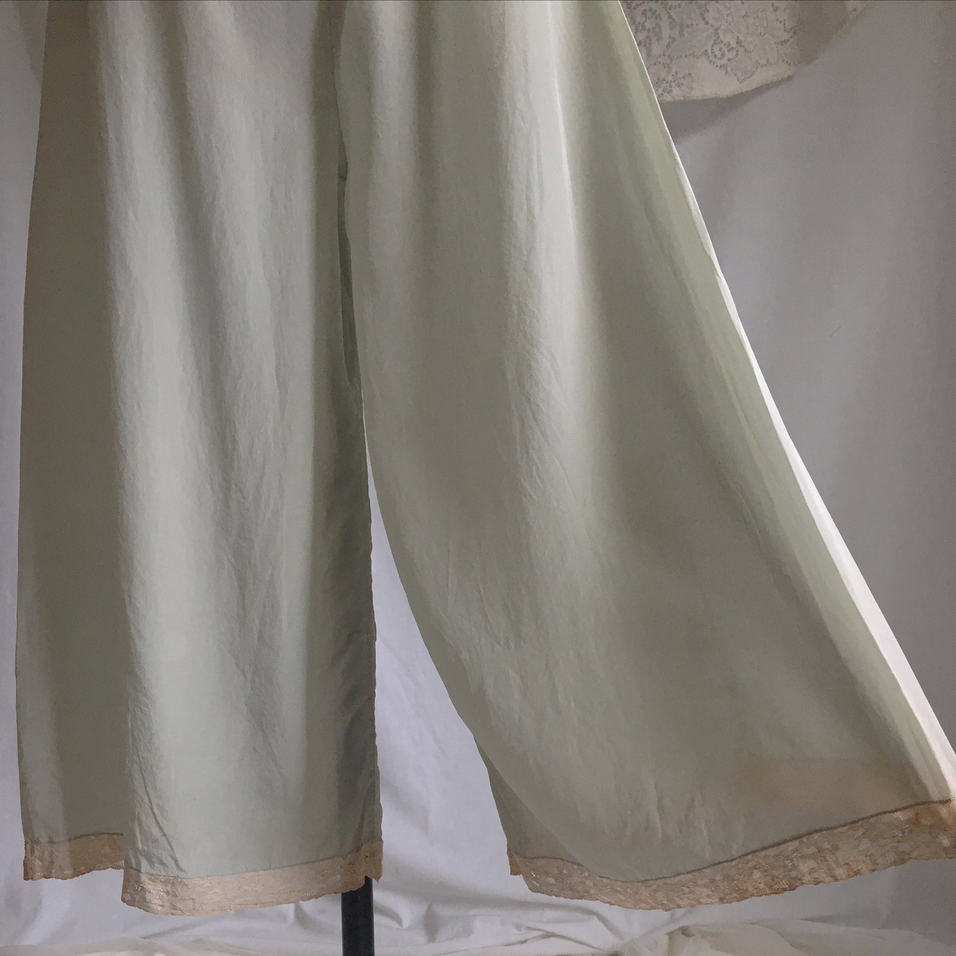 Vintage 1930's Beach Pajama Set | Pale Mint Green Silk & Ecru Lace Jumpsuit with Bed Jacket | Size S - Daggers & Dames
