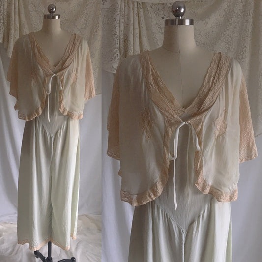 Vintage 1930's Beach Pajama Set | Pale Mint Green Silk & Ecru Lace Jumpsuit with Bed Jacket | Size S - Daggers & Dames