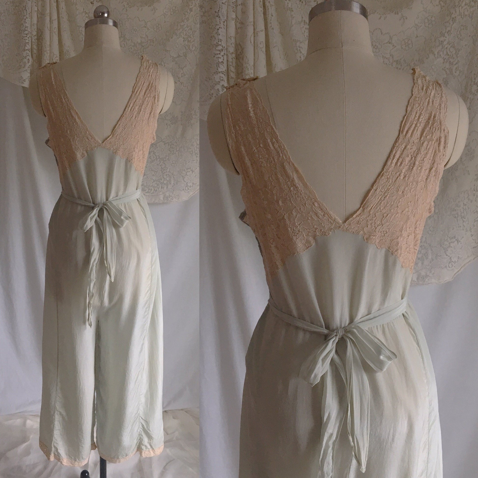 Vintage 1930's Beach Pajama Set | Pale Mint Green Silk & Ecru Lace Jumpsuit with Bed Jacket | Size S - Daggers & Dames