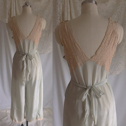 Vintage 1930's Beach Pajama Set | Pale Mint Green Silk & Ecru Lace Jumpsuit with Bed Jacket | Size S - Daggers & Dames