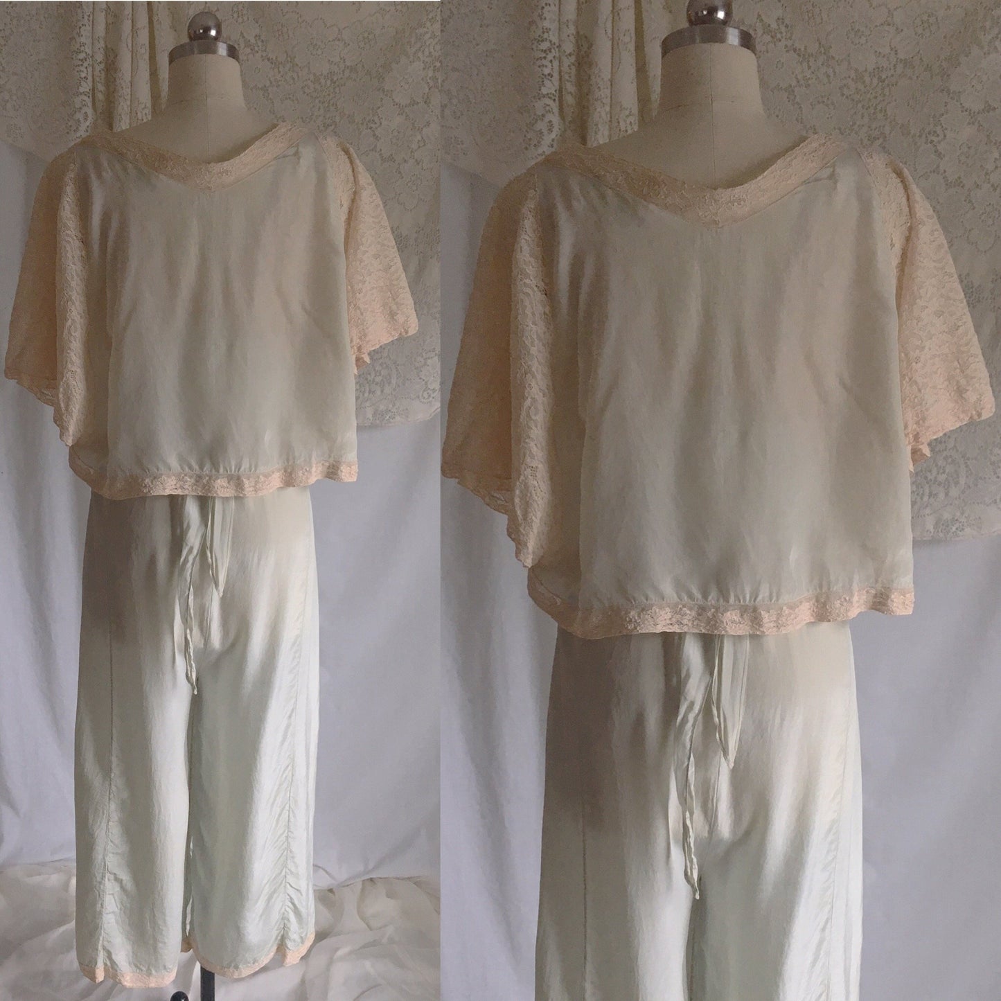 Vintage 1930's Beach Pajama Set | Pale Mint Green Silk & Ecru Lace Jumpsuit with Bed Jacket | Size S - Daggers & Dames