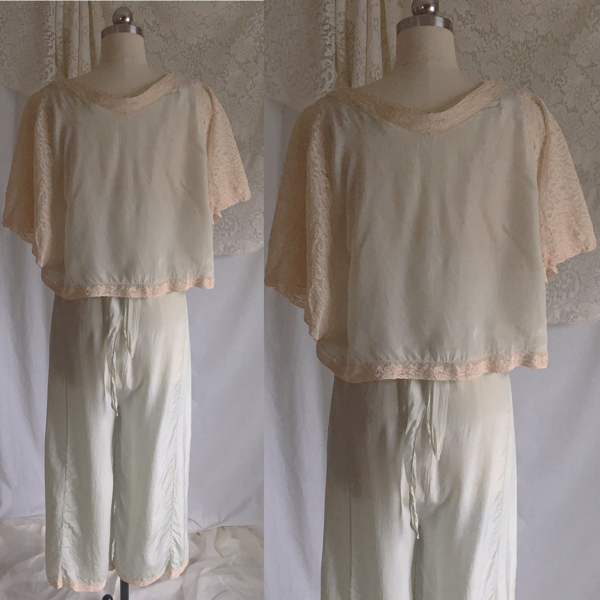 Vintage 1930's Beach Pajama Set | Pale Mint Green Silk & Ecru Lace Jumpsuit with Bed Jacket | Size S - Daggers & Dames