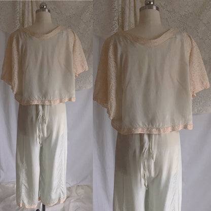 Vintage 1930's Beach Pajama Set | Pale Mint Green Silk & Ecru Lace Jumpsuit with Bed Jacket | Size S - Daggers & Dames