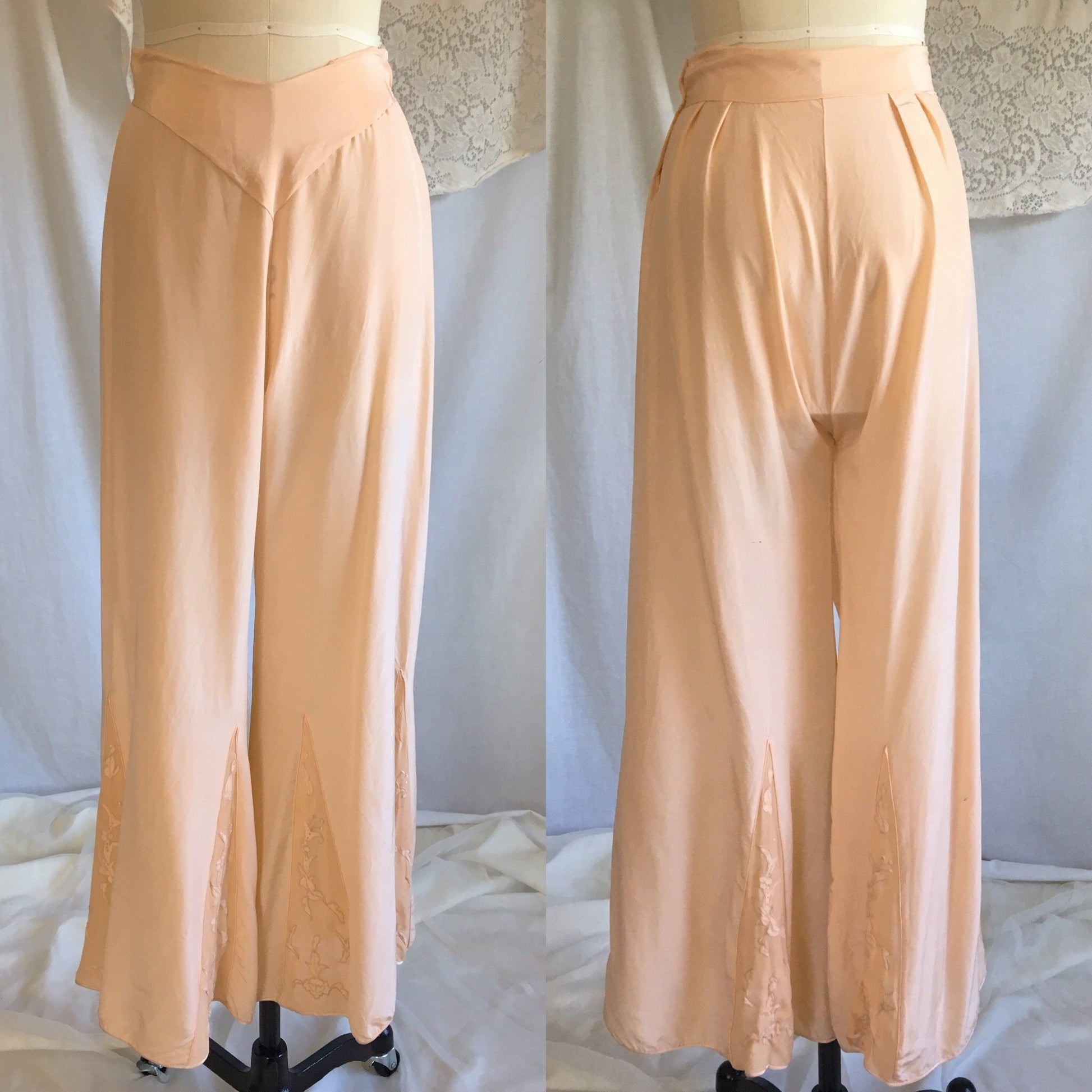 Vintage 1930's Beach Pajama Set | Rich Apricot Silk with Chiffon Inserts & Floral Embroidery | Size XS - Daggers & Dames